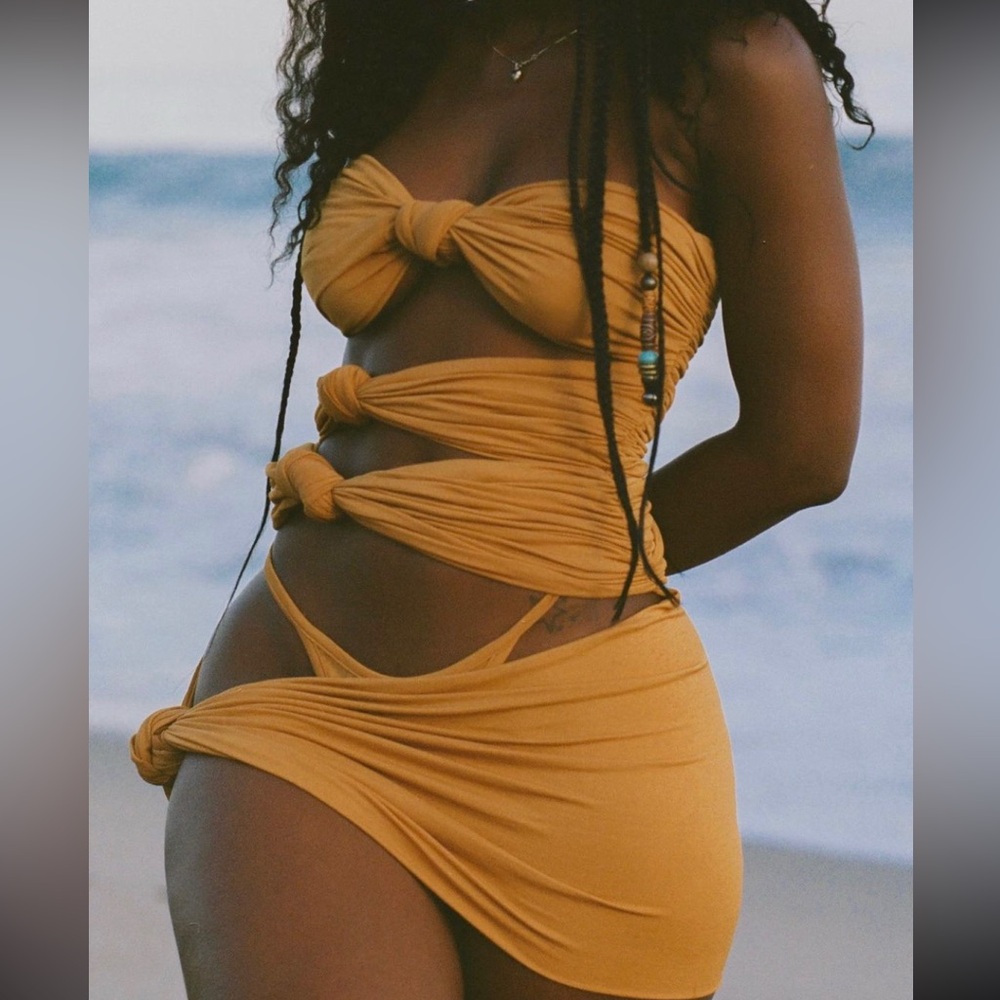 Laina rauma knot 2 piece dress and thong in yellow Mustard